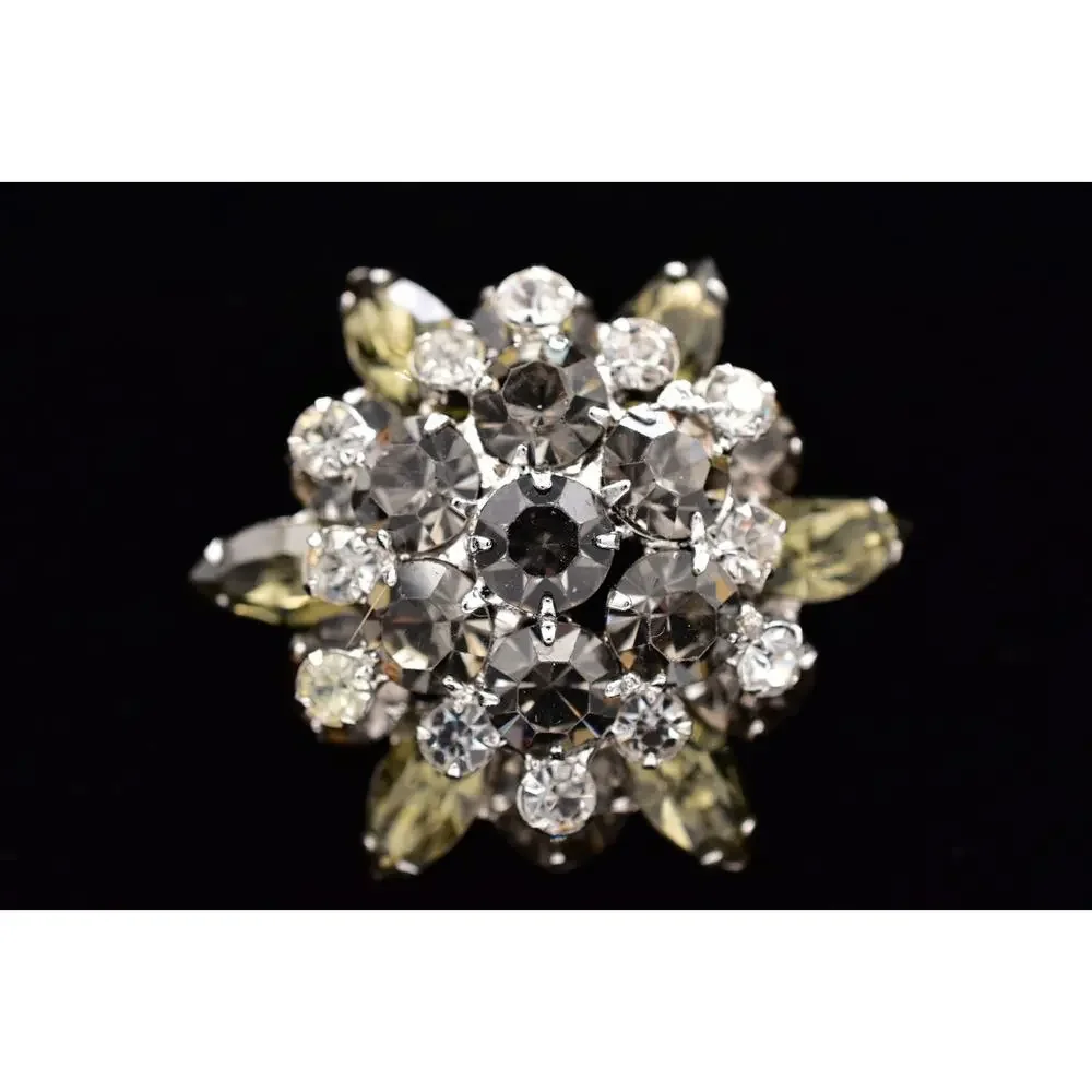 Vintage Smoky Gray Rhinestone Brooch Silver Crystal Cluster Flower Pin 60s BinBI